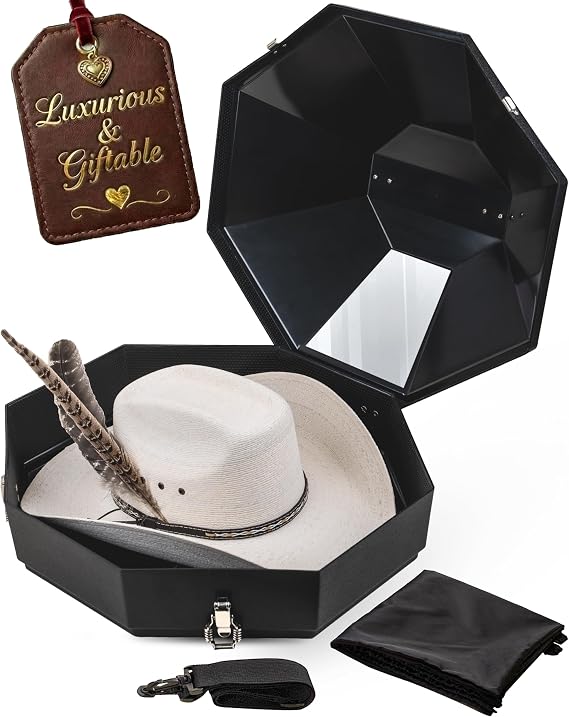 Cowboy Hat Box for Travel Cowboy Hat Travel Case Hard Shell w/Mirror, Latches & Bag Western Hat Can for Cowboy - Hat Boxes for Men & Hat Boxes for Women Storage - Midnight Black