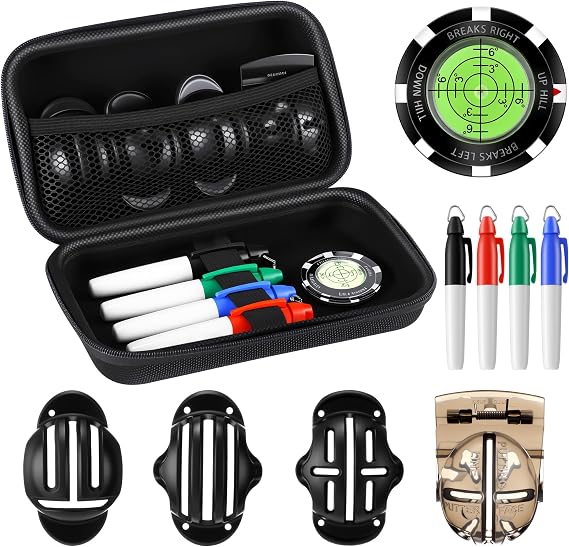 Golf Ball Alignment Line Marking Tool for Putting Green Include 4 Stencil, 4 Color Marker Liner, 1 Green Reader Aid and 1 Compact Case, Golf Accessories Gift for Men and Women Golfers