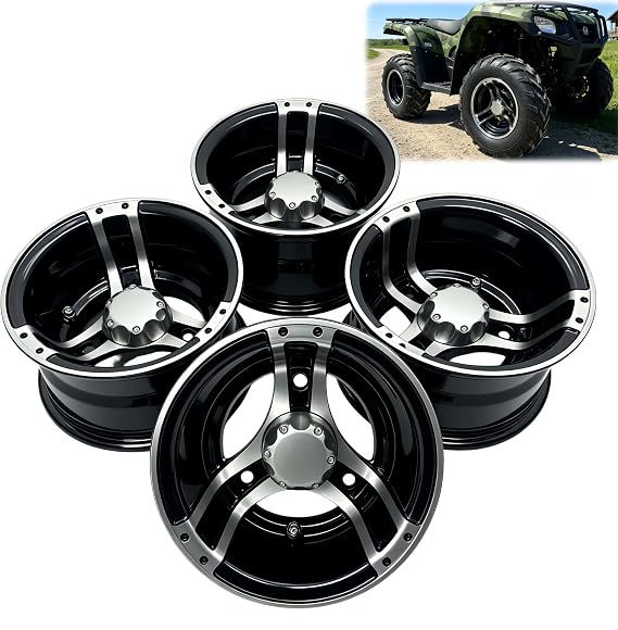 6 inch Aluminum Wheel with 3 Holes,10 Off set, Compatible with Most ATV Go Kart Lawn Mower Mini-bikes Golf Carts Aluminum Alloy Enhanced Traction Stylish Look, set of 4 (Machined/Black)