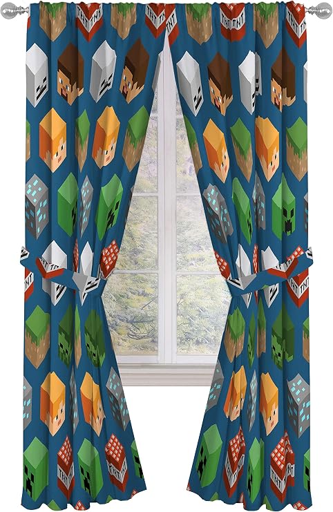 Jay Franco Minecraft Isometric Blue 84" Inch Drapes 4 Piece Set - Beautiful Room Decor & Easy Set Up, Bedding Features Creeper - Window Curtains Include 2 Panels & 2 Tiebacks