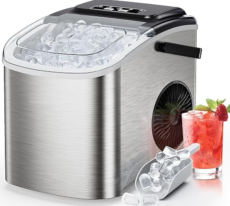 Ice Maker Countertop, Portable Ice Machine Ready in 6 Minutes with 9 Cubes 26LBS in 24H, Self-Cleaning with Ice Scoop and Basket, Two Sizes of Bullet Ice for Home Kitchen Office, Bar and Parties
