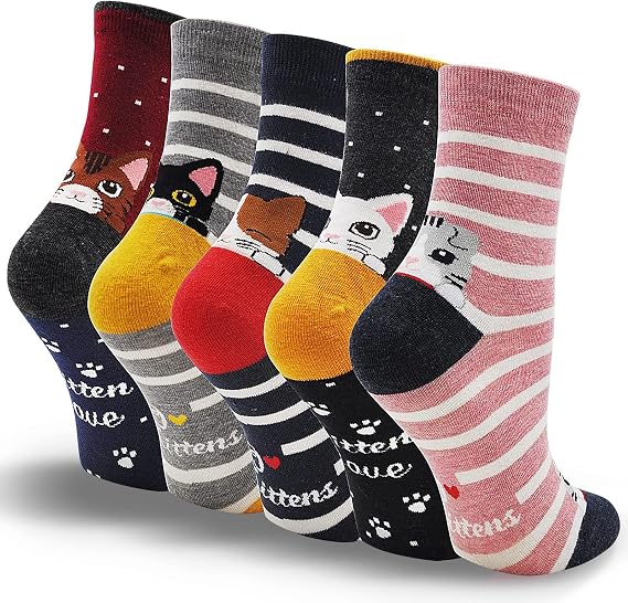 LOFIR Funny Colourful Socks Women's Animal Pattern Cute Cotton Socks Cute Cartoon Kawaii Cat Socks Novelty Socks Gift for Girls Ladies Size 35-41 5 Pairs