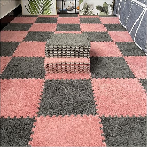 12 Pcs Interlocking Carpet Tiles, Plush Foam Square Floor Mats Set, Puzzle Floor Mat For Living Room, Bedroom And Hard Floor, 12 Tiles/12 Sq.Ft(Color:Light Red+Grey)