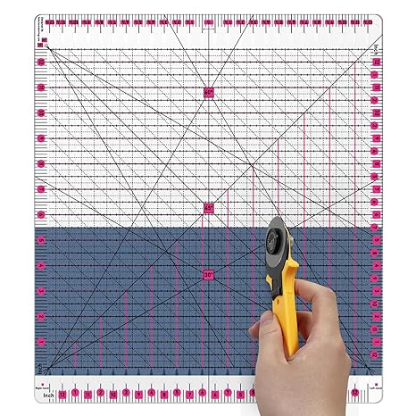 12.5x12.5 Inch Slotted Quilting Ruler with 45°/60° Multi-Angle, Non-Slip Grips & Cutting Grooves, Acrylic Sewing Ruler for Fabric Cutting and Patchwork