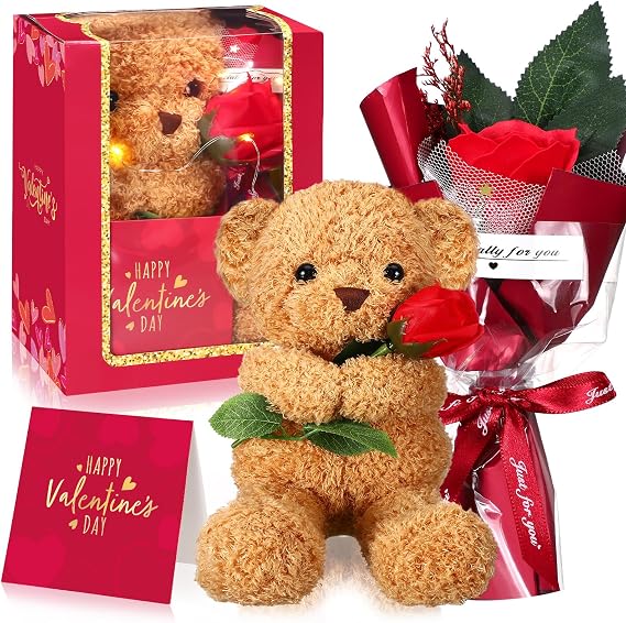 VioraWhite Valentine's Gift Set Stuffed Animal Bear with Rose Card and Box with Window 8.67inch Cute Stuffed Animal Bear Gift(Red)