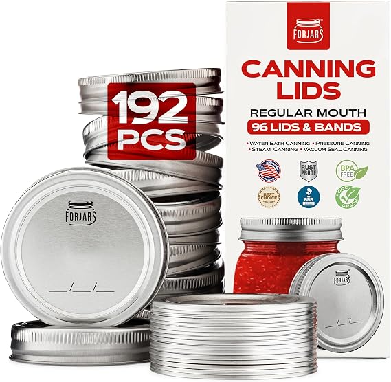 FORJARS Canning Lids and Rings Regular Mouth 192 Pcs/ 96 Sets - Airtight Seals on Mason Jars to Preserve Food for Meal Prep - 2.7 In. Stainless Steel and Bands with Silicone Seals Canning Supplies