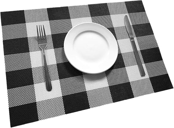 Ukeler Placemats Set of 4- Buffalo Check Plaid Placemats Woven PVC Kitchen Table Mats Anti-Skid Washable Vinyl Placemats for Dining Table, Black and White