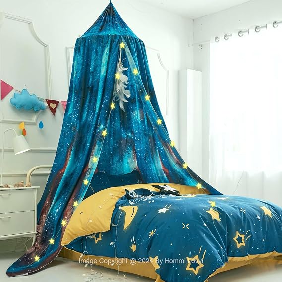 Hommi Lovvi Galaxy Print Kids Bed Canopy, Girls Princess Canopy Dreamy Room Decor, Soft Hanging Reading Nook Play Tent Canopy, Extra Large Full Size Bed Canopy with String Light
