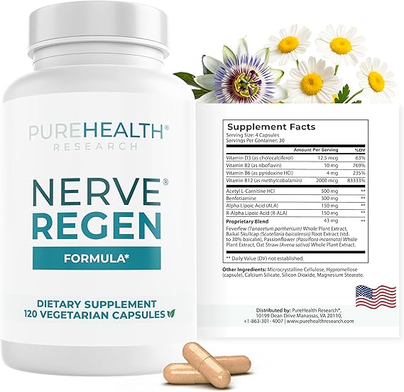 PUREHEALTH RESEARCH Nerve Regen Formula - Nerve Support Supplement for Feet & Hands - with Alpha Lipoic Acid ALA, Benfotiamine, Acetyl L-Carnitine, Riboflavin, Vitamin B6, B12, D3 & More- 120 Capsules