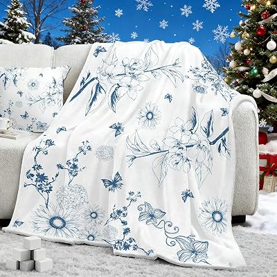 yuboo Blue White Christmas Floral Throw Blanket, Chinoiserie Flower Gifts for Women Kids Girls, Soft Flannel Blanket for Nautical French Country Coastal Victorian Christmas Ornaments Decor, 50 x 60In