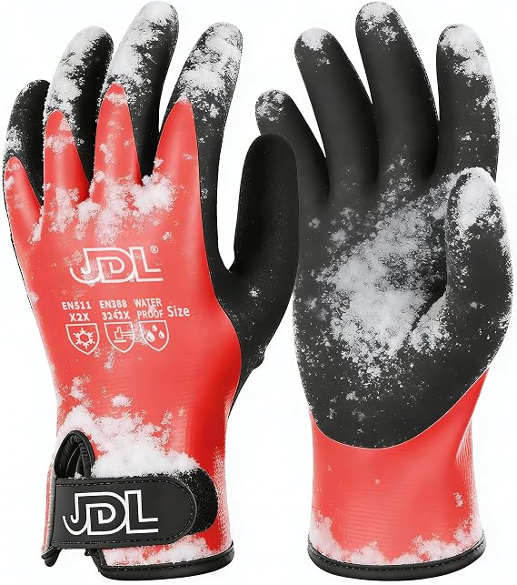 JDL 100% Waterproof Winter Work Gloves for Men & Women, Thermal Insulated Freezer Gloves for Cold Weather, Super Grip Palm, Red, Large