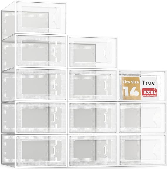 SEE SPRING -Large Fit Size 14 Shoe Storage Box, Clear Plastic Stackable Shoe Organizer for Closet, Shoe Rack Sneaker Container Bin Holder for Entryway, Closet, Under Bed