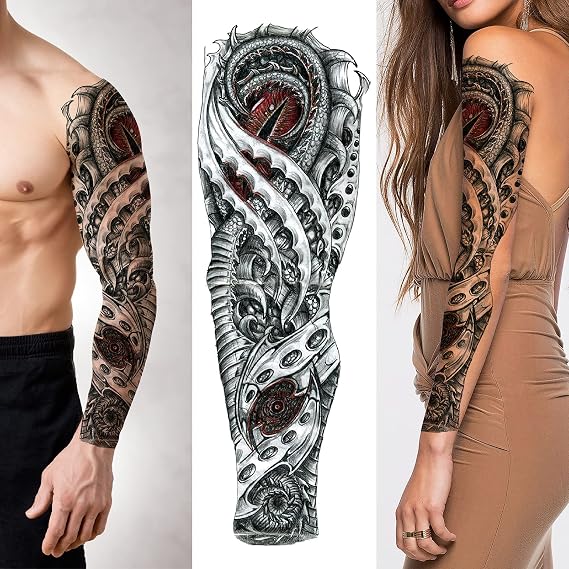 2 Sheets Temporary Tattoo Sticker-Waterproof Cool Arm Leg Back Body Sleeve Fake Tatoo For Women Men Adult Kids Long Lasting Temp Tatoos With Realistic Mechanical Pattern For Halloween Party Masquerade