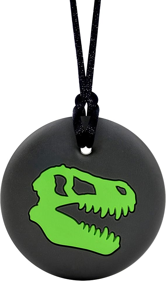 Dino Skull Sensory Chew Necklace for Adults or Kids - Chewy Fidget Stim Toy Jewelry for Boys and Girls (Green)