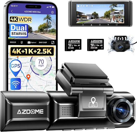 AZDOME M550 Max 4K 3 Channel Dash Cam with AZDOME 256GB TF Card, Larger Storage Capacity