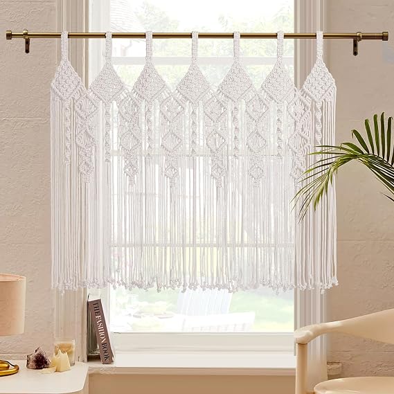 Macrame Curtains Boho Valances for Windows Kitchen Curtains 31" L x 39" W | Handmade, Cotton, Twisted Style, Short Macrame Valances, Wall Decor, Window Treament Tapestry, Room Divider, Wedding Backdrop