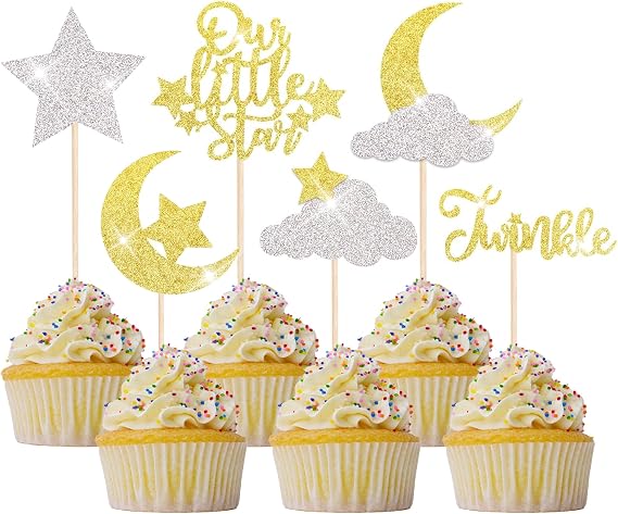24 Pack Little Star Cupcake Toppers Glitter Moon Cloud Cupcake Picks Twinkle Star Baby Shower Kids Birthday Wedding Party Cake Decorations Supplies Gold