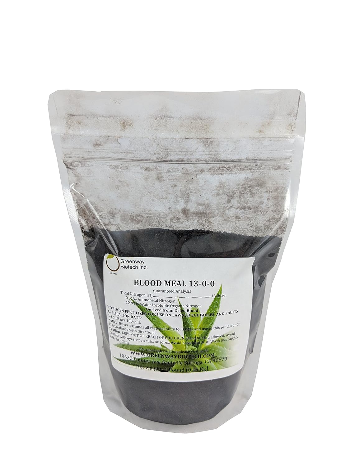 Greenway Biotech Blood Meal 13-0-0 for Flowers, Fruits, Vegetables, Plants- Nitrogen Fertilizer Plant Food for Home Gardening - 1 Pound