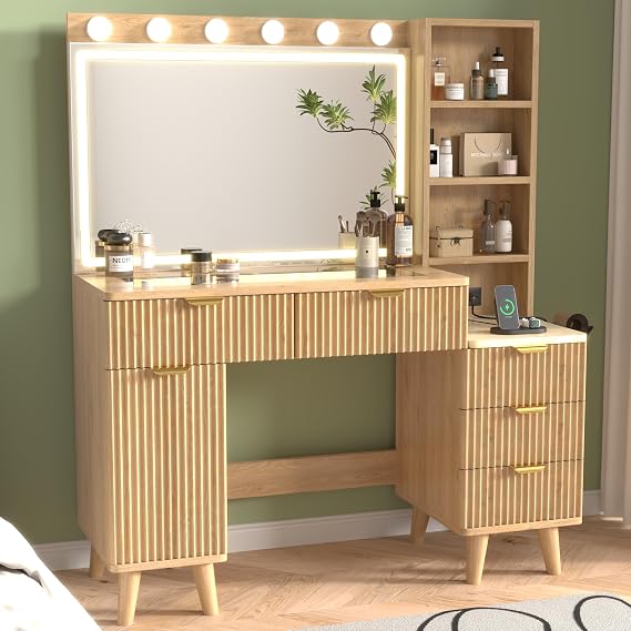 47" Fluted Makeup Vanity Desk with 32" Mirror and Lights, Modern Glass Top Large Vanity Table with 5 Drawers and 2 Storage Cabinets, Dressing Table Set with Charging Station for Bedroom-Gold