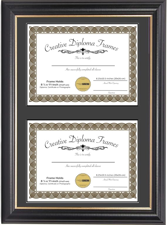 Creative Picture Frames 14"x20" Black Double Diploma Frame with Gold Rim Black Matting Holds Two 8.5 x 11 -inch Media and Installed Wall Hangers