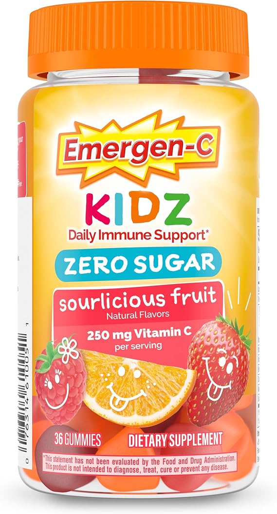Emergen-C Kidz Vitamin C 250mg Gummies, Immune Support, Fruit, 36 Gummies | Zero Sugar, B Vitamins for Energy, Zinc and Manganese, Naturally Flavored, Kids Approved Gummies