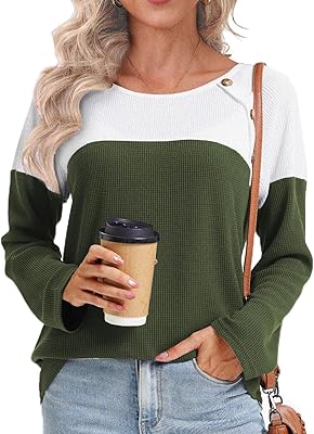 NEYOUQE Womens Color Block Waffle Loose Long Sleeve T Shirts Casual Comfy Tops Tee Shirt Womens Tunics