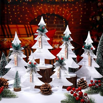 6 Piece Christmas Decorations Rustic Wood Christmas Tree Sign Decor Farmhouse Decorative Xmas Tiered Tray Decor Tabletop Xmas Tree for Home Office Party Holiday Centerpieces