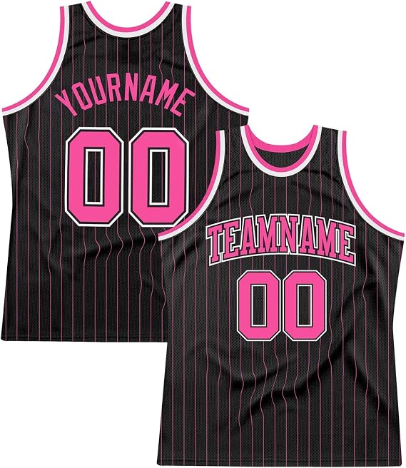 Pink Black Pinstripe Basketball Jersey, Men's Adults Large-6X-Large Regular Fit Crew Neck Short Sleeve Polyester Moisture Wicking Basketball Jersey Tank Top