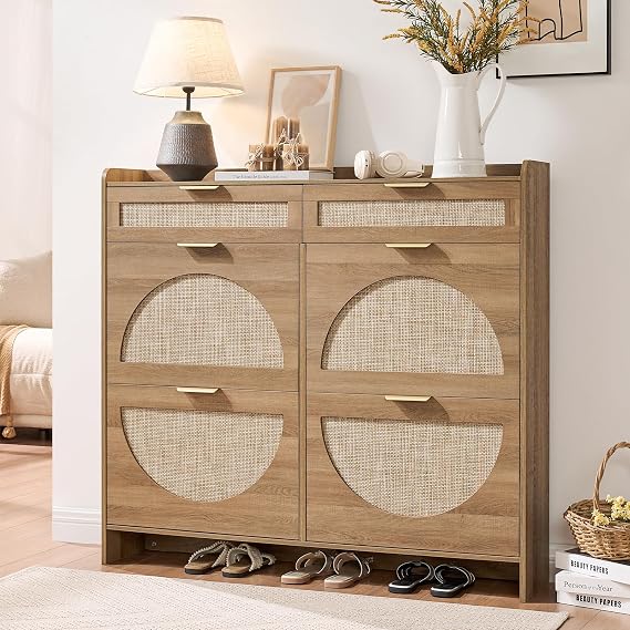 Rattan Shoe Storage Cabinet with 4 Flip Drawers & 2 Drawers, Freestanding Organizer for Front Door Entrance, Hidden Narrow Shoe Rack Cabinet Storage for Entryway, Rustic Oak Rattan