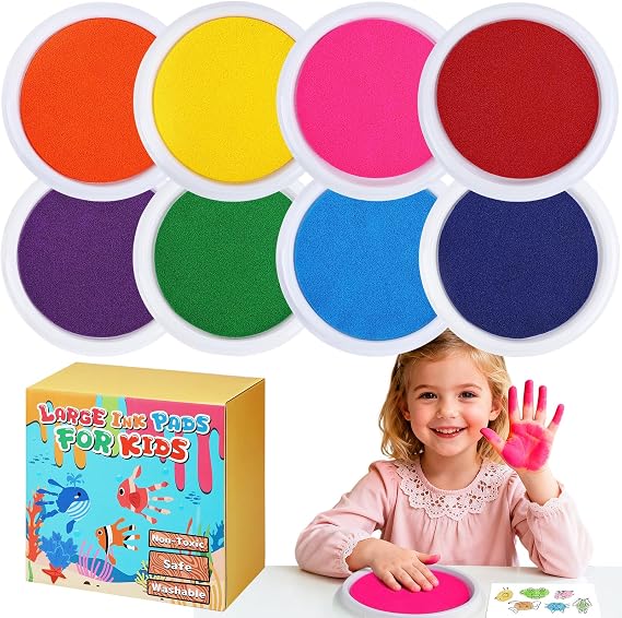Large Washable Ink Pads for Kids - 7" Ink Pad for Handprint Footprint Toddler Finger Paint, 8 Vibrant Colors Stamp Pad Set for Card Making/Preschool Crafts/Birthday Gifts