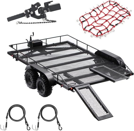 AMK RC Trailer, Metal 1/8 1/10 RC Car Trailer with Installation Manual for Hauling Behind Cars with Truck Hitch and Receiver Crawler Towing Strap Builder Kit for Axial SCX10 90046 TRX4 TRX6 Gen7 Gen8
