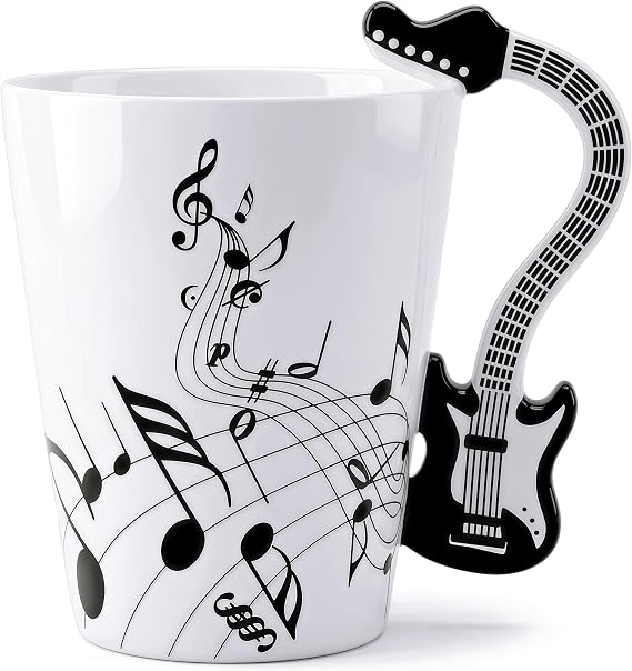 Guitar Mug 13.5oz Music Note Coffee Tea Cup for Guitar Players | 3D black guitar handle, Double-sided note, Fun guitar accessories