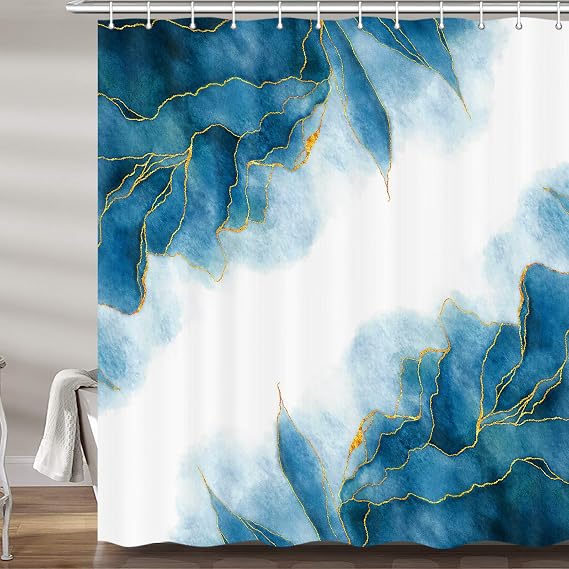 MERCHR Blue and Gold Marble Shower Curtain, Modern Abstract Dark Blue Green White Fabric Shower Curtains Set for Bathroom Decorative, Cute Ombre Restroom Decor Accessories with Hooks 60X72 Inch