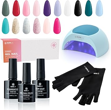 SUNUV SUN2C Blue Nails Lamp,Hema-Free Gel Nail Polish Kit, 16 Colors Gel Polish Set with Black Gloves