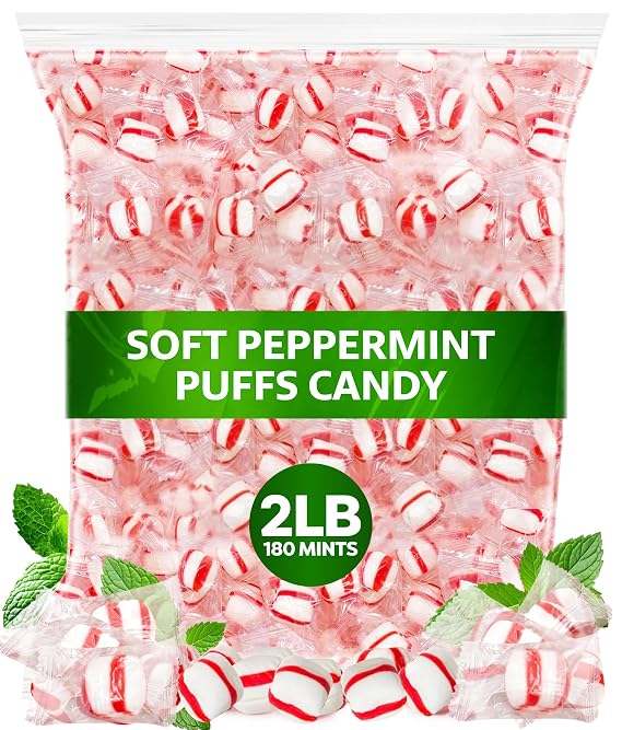 Soft Peppermint Puffs 180 Count Mints Individually Wrapped Mint Candy Bulk | Creamy Soft Mints That Melt Not Crunch, 2 lb Bag, Peppermints for Office Candy Dishes, Parties, Candy Bowl, Peppermint Candy