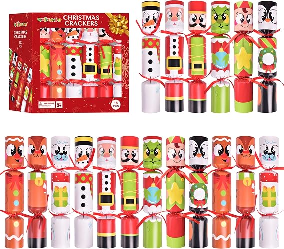FUN LITTLE TOYS Christmas Crackers, 18 Pack Christmas No Snap Party Favors with Party Hat