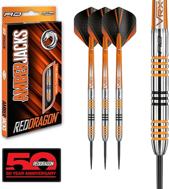 RED DRAGON Darts Amberjack Series Steel Tip Dart Set with Dart Flights and Dart Shafts (Stems) - Available in Variety of Weight and Barrel