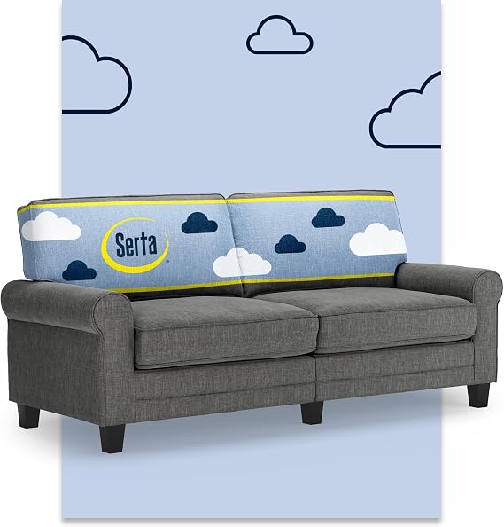 Serta Copenhagen 78" Rolled Arm Sofa, Easy Care Polyester, Soft Pillow Back, Pocket Coil Seat Cushions, Removable Covers, Loveseat or Couch for Small Spaces, Living Rooms or Bedrooms, Gray