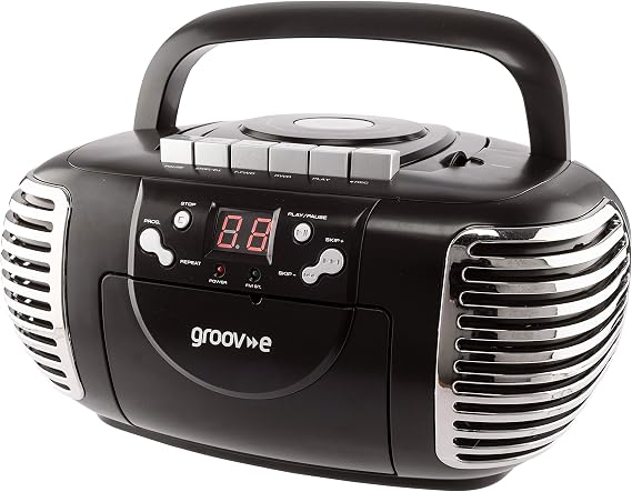 Groov-e Retro Boombox CD Player with Cassette, FM Radio Tuner, 3.5mm AUX in Socket for Smartphones & LED Display - Black