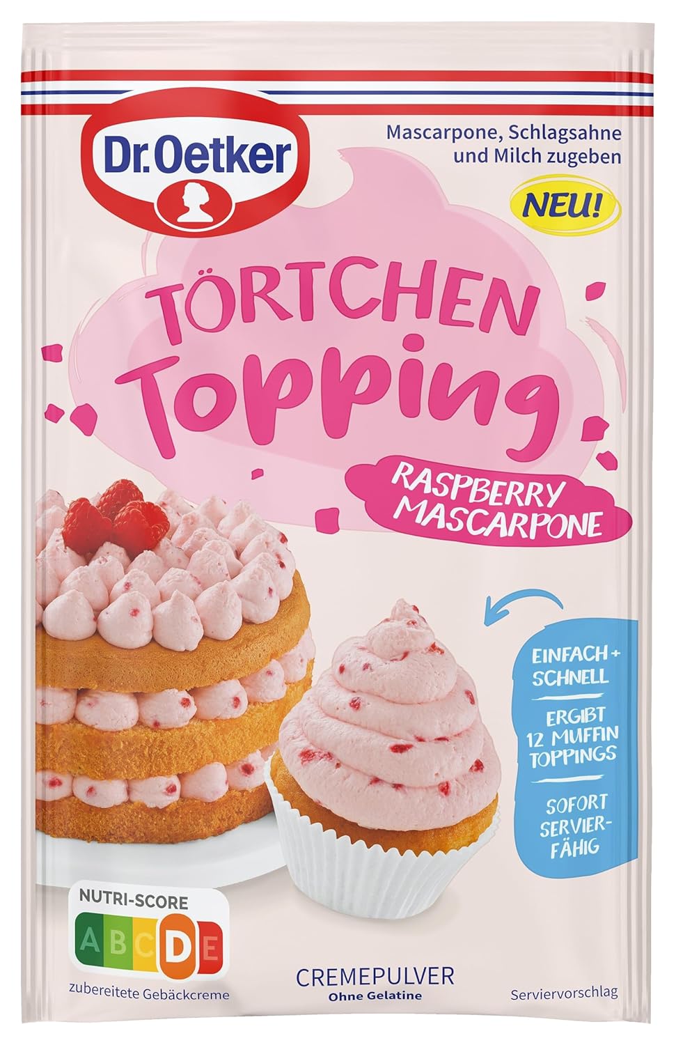 Dr. Oetker Raspberry Mascarpone Tart Topping Pack of 8 Cream Powder for Tarts to Make a Delicious Cake Cream with Raspberry and Mascarpone Flavour (8 x 50 g)