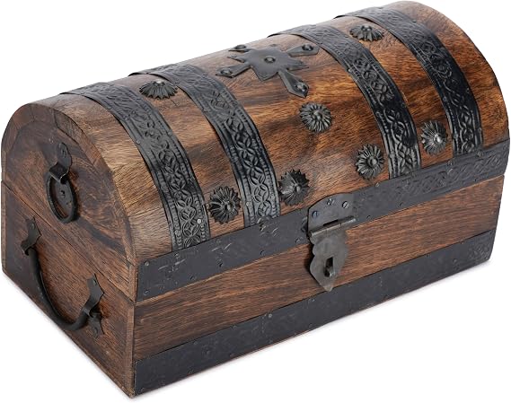 Ajuny Large Wooden Pirate Treasure Chest Shell Inlay Keepsake Box 11x6 Inch | Handcrafted Mango Wood Large Jewellery Keepsake and Trinket Organiser with Shell Strips for Birthdays Weddings and Home Decor