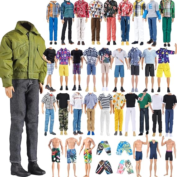 E-TING 15pcs Fashion Clothes Pack = 5pcs Casual Outfit + 5pcs Pants +5 Pairs Shoes for 12inches Boy Doll Random Style (Green Bomber Jacket + Daily Suit + Swimwear)