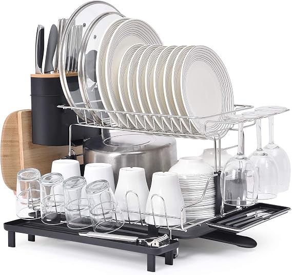 KINGRACK 2 Tier Dish Rack, 304 Stainless Steel Dish Drainer, Large Capacity Dish Drying Rack with Drip Tray, Removable Cutlery Cutting Board Wine Glasses Cups Holder & Plate Rack for Kitchen