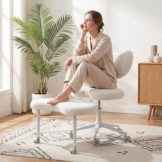 Ergonomic Cross Legged Chair with Wheels, Ivory