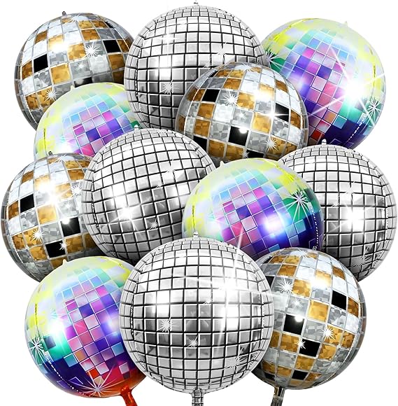12PCS Disco Ball Balloons, 22 Inches Helium 4D Colorful | DiscoBall Party Balloon, Shiny and Unique, Used for Birthdays, Bachelor Parties, 70s 80s 90s DiscoPrarty Dcreation