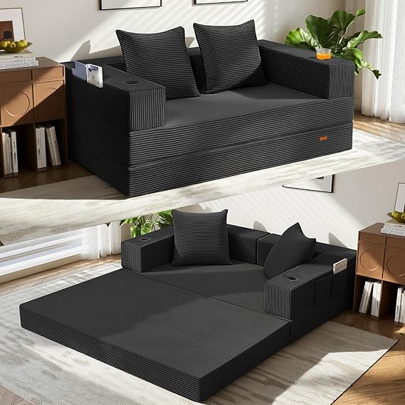 COMAX Futon Sofa Bed, Convertible Sofa Bed, Folding Boneless Couches | Low-Profile Small Boneless Couch for Living Room, 11.8" H Low Seat 59" Foldable Floor Sofa Lounge SpaceSaving