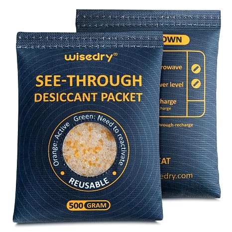 wisedry 2 x 500 Gram See-Through Silica Gel Packets, Color-Indicating Desiccant Packs for Storage, Reusable Safe Dehumidifier, Heat Resistant Dehumidifier Bags