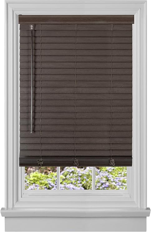 PowerSellerUSA Cordless Window Blinds, Privacy & Room Darkening 2 Slats Faux Wood Mini Blind, Anti-UV Window Treatment, Mahogany Plantation Blind, 72 Width x 64 Length, Fits Windows 23 - 74