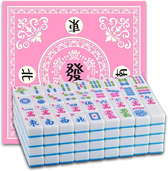 American Mahjong Set 166 Mahjong Tile Set 1.2-inch Blue American Mahjong Tile Set with 31.5X31.5-inch Mahjong Table Mat