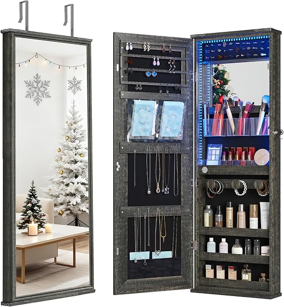 Dystler 43.5" Over the Door Jewelry Organizer, Mirror with Storage and Lockable, Full Length Mirror Cabinet with Hanging Holder & Built-in Lights Makeup Mirror, Women/Girls (Wood Grain Brown)